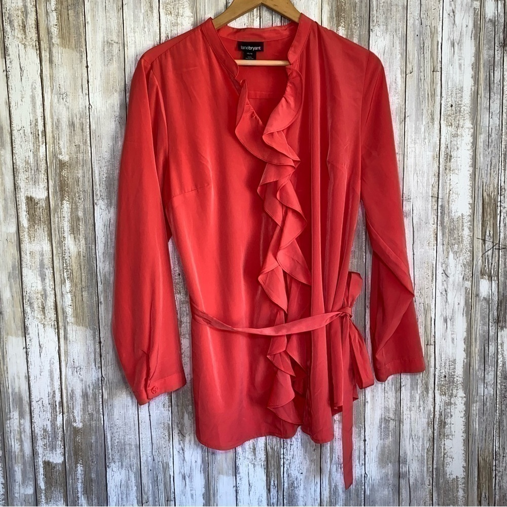 Lane Bryant Ruffle Wrap Tie Waist Blouse Coral Pink Size 14/16 Hidden Button Top